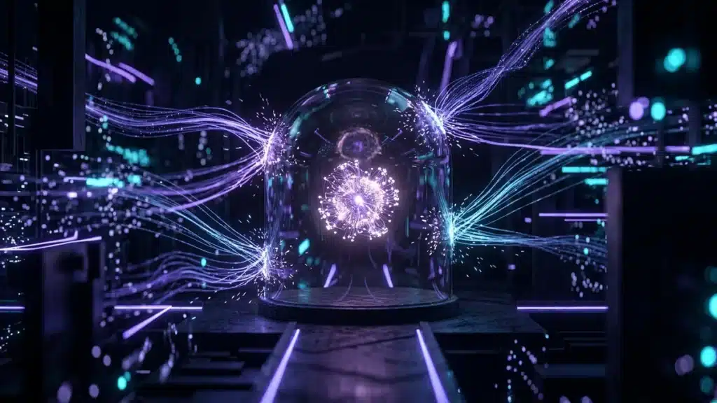 Un dôme de verre qui protège un petit cœur de données lumineux, entouré de flux de lumière qui ne l'atteignent pas