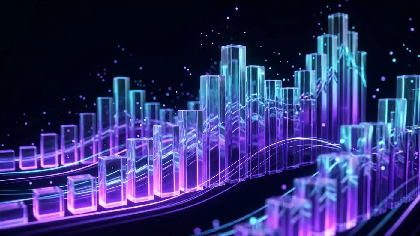 Glowing glass bars of different heights, like an abstract chart, on a black background