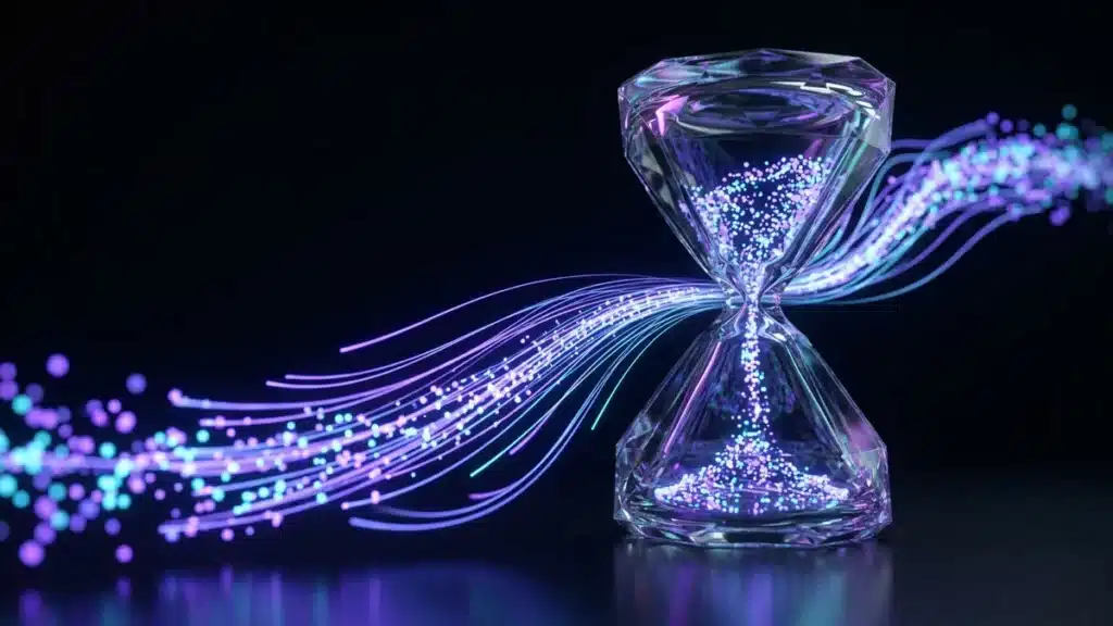 A stream of glowing particles flowing back into a glass hourglass, like time being rewound
