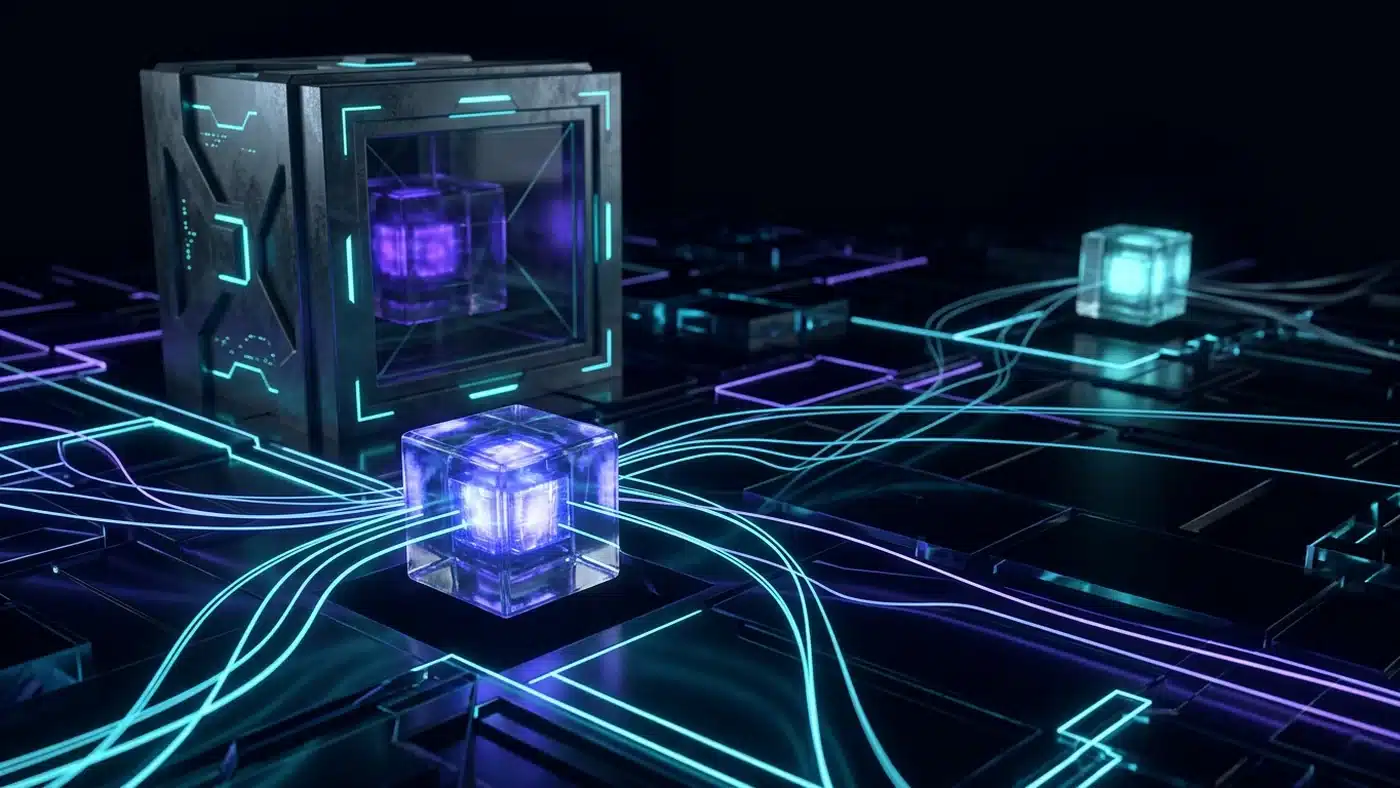 Three glass cubes holding glowing data cores, set far apart, one of them inside a vault