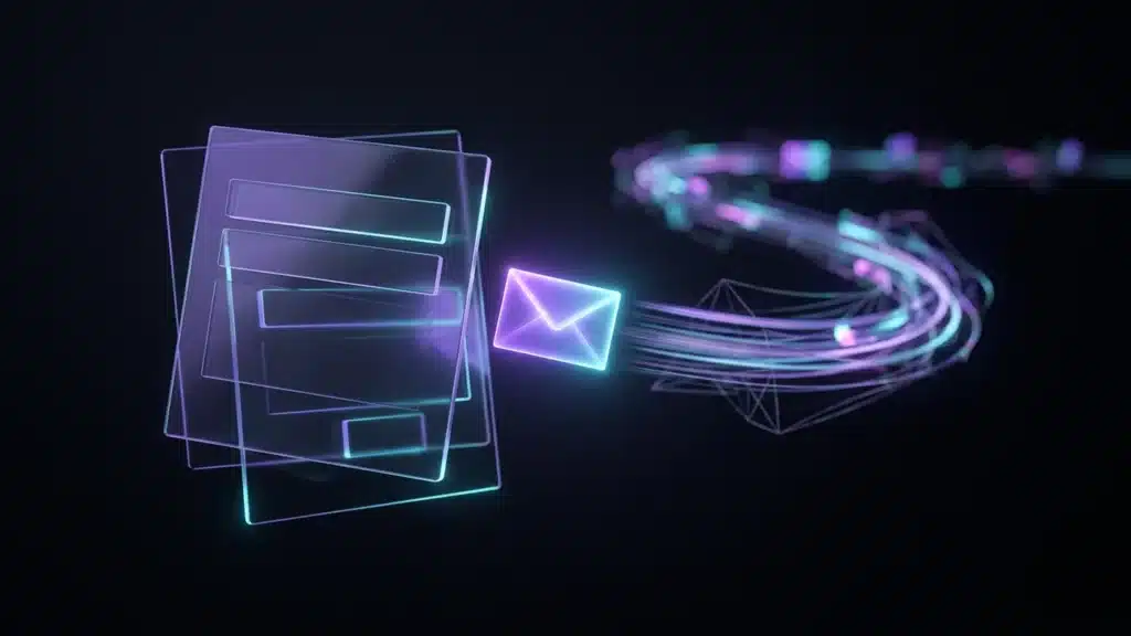 Floating glass panels like form fields, with a glowing envelope travelling away along a path of light