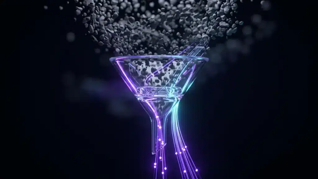 Un entonnoir de lumière qui filtre une nuée de particules sombres et ne laisse passer que quelques particules violettes