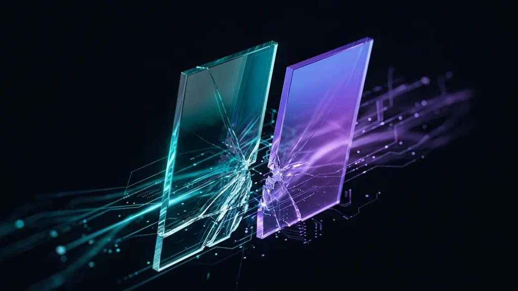 A glass pane splitting into two panes of different tints