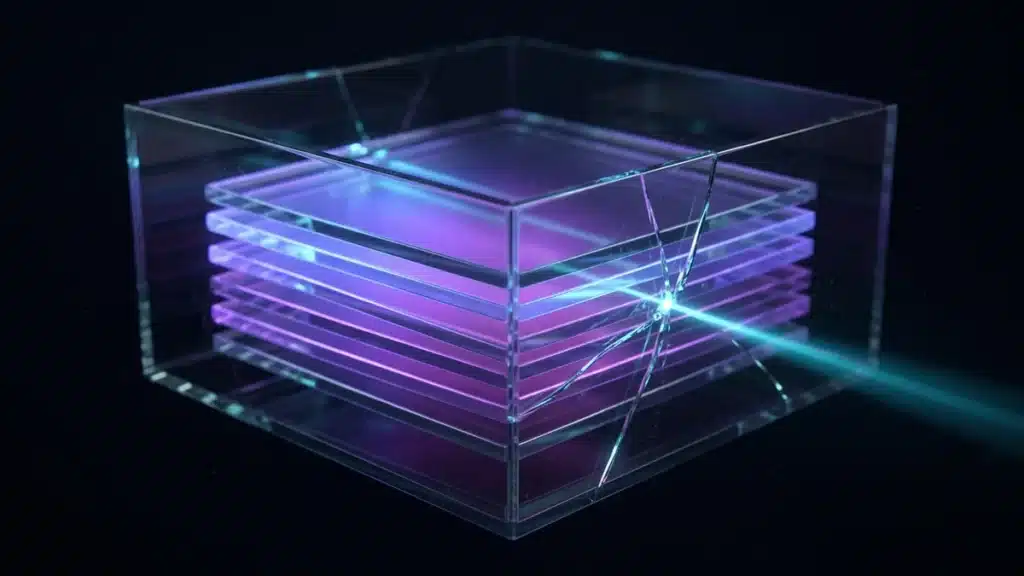 A stack of glowing glass sheets in an open box, with a beam of light escaping through a crack