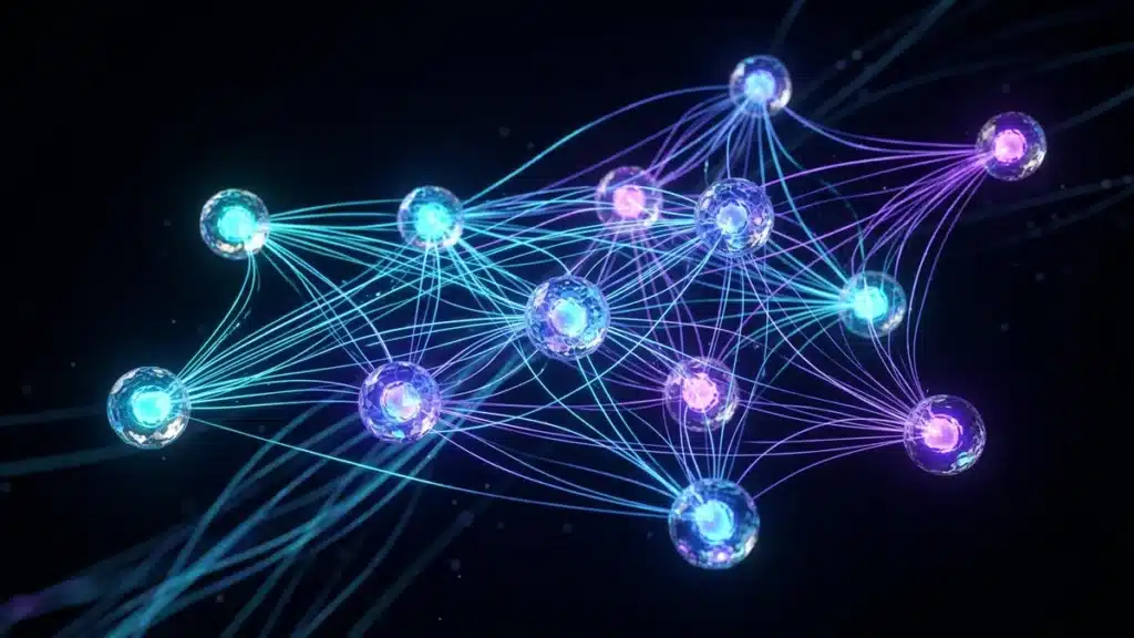 Glowing glass spheres linked by threads of light, like a network of sites