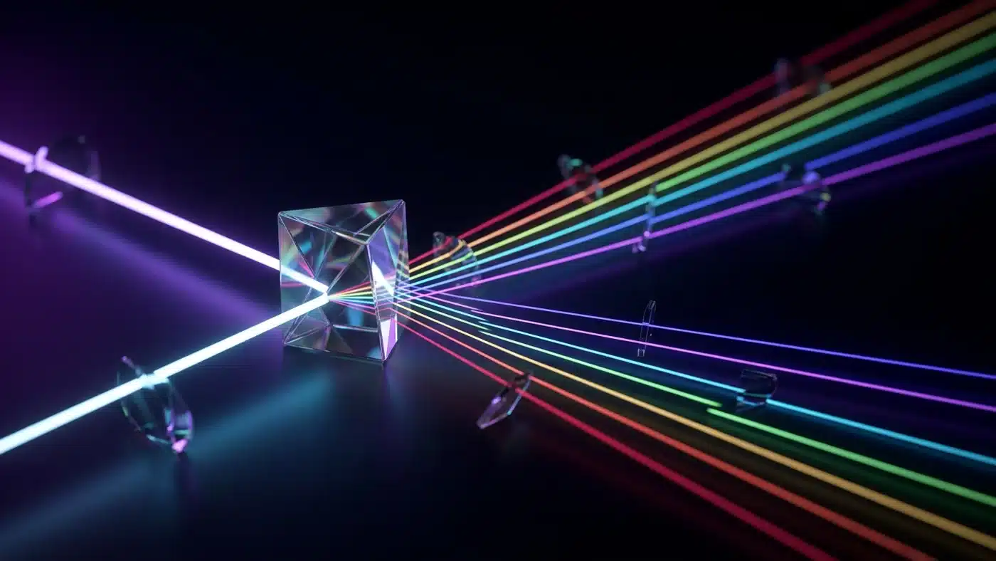 A glowing glass prism splitting one beam of light into ten colored rays on a black background