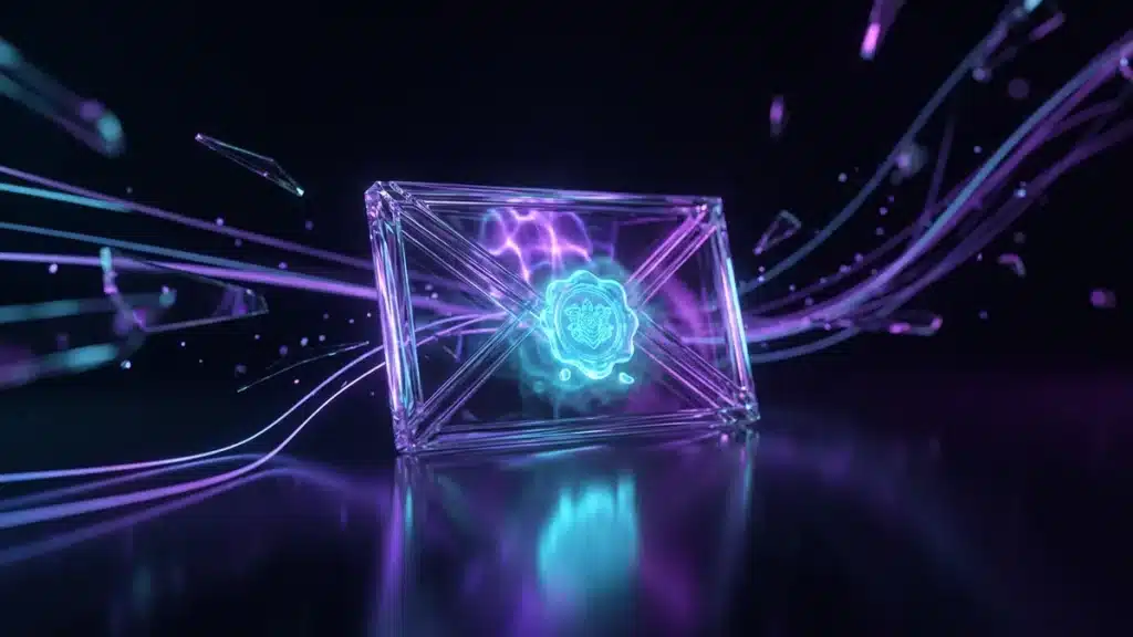 A glass envelope closed with a glowing seal, resting on a dark surface