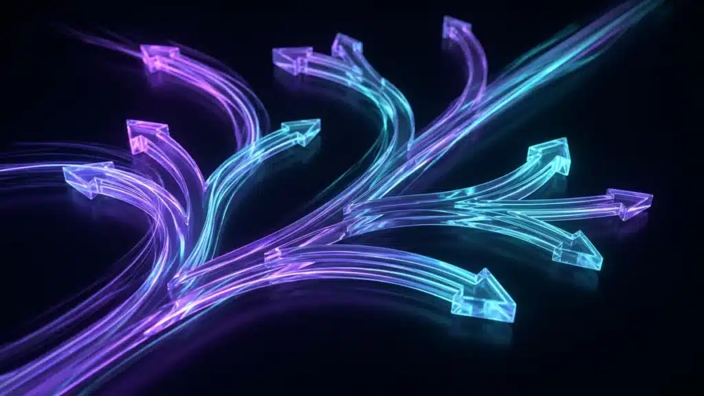 Glowing glass arrows of light branching and redirecting along curved paths