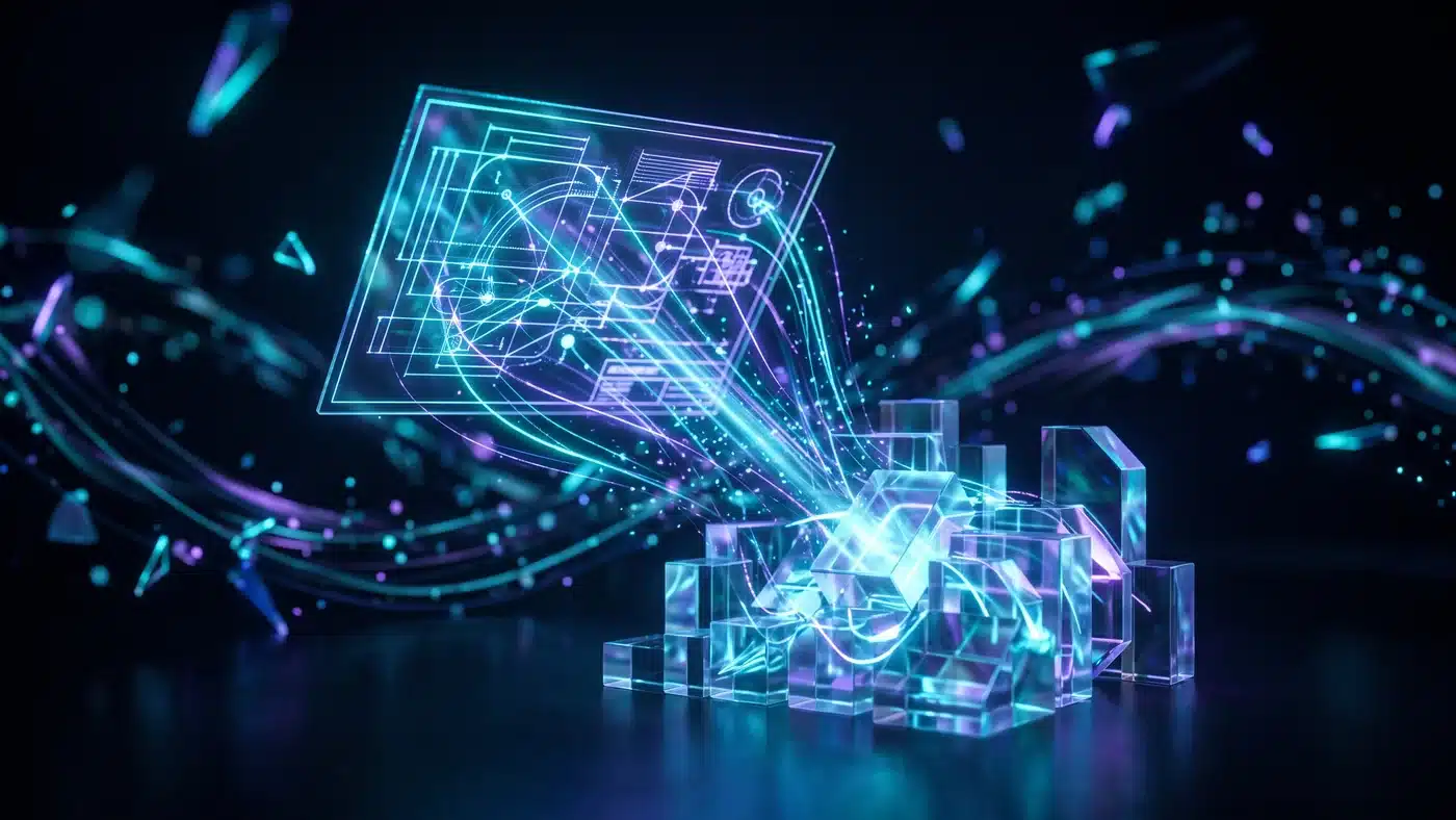 A glowing glass blueprint sheet shaping translucent blocks beneath it