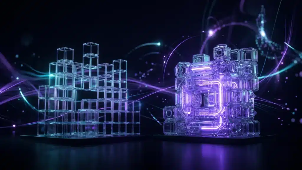 Two glass construction sets, one of simple open blocks, the other of sealed components