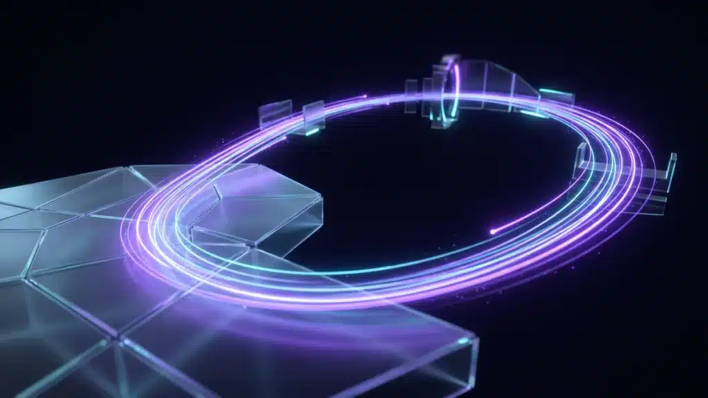 A path of light that leaves a glass platform then loops back to its starting point