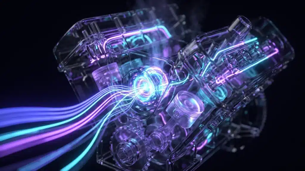 Un bloc moteur de verre qui reçoit un nouveau cœur lumineux pendant qu'il tourne