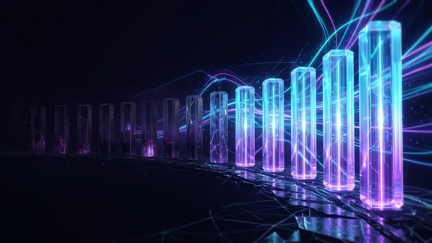 A row of glowing glass monoliths, the oldest fading into darkness