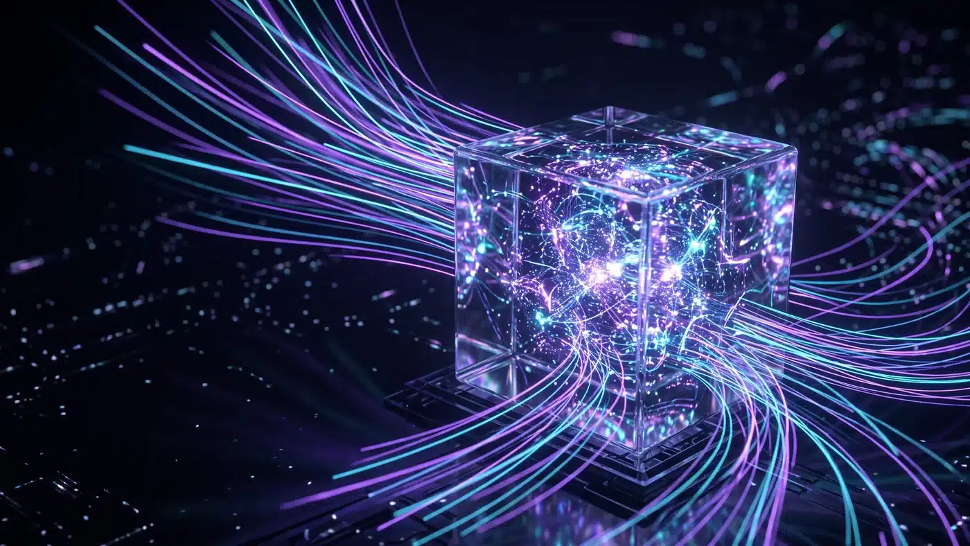 A glass memory cube full of light particles crossed by fast streams