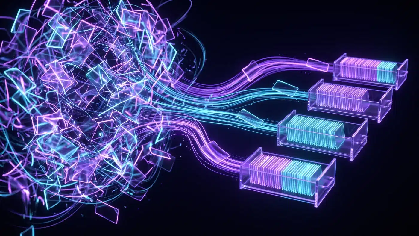 A cloud of glass cards sorted by streams of light into four orderly drawers