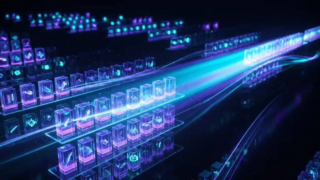A light beam sweeping across rows of glass boxes on transparent shelves