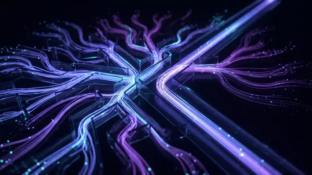 Un labyrinthe de chemins lumineux dont la plupart s'éteignent, sauf un qui continue