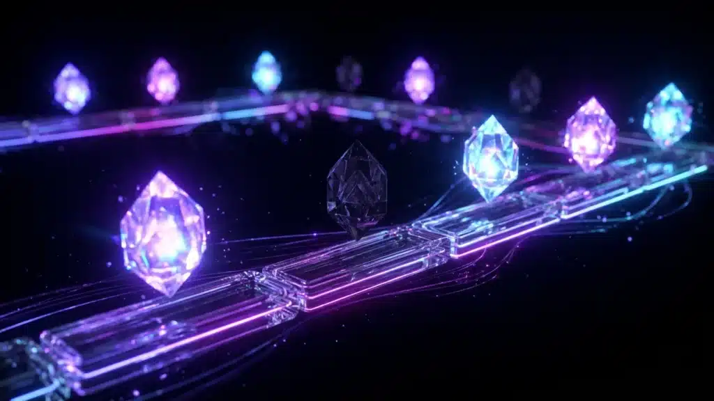 A glass timeline with glowing crystal milestones, one of them left dim