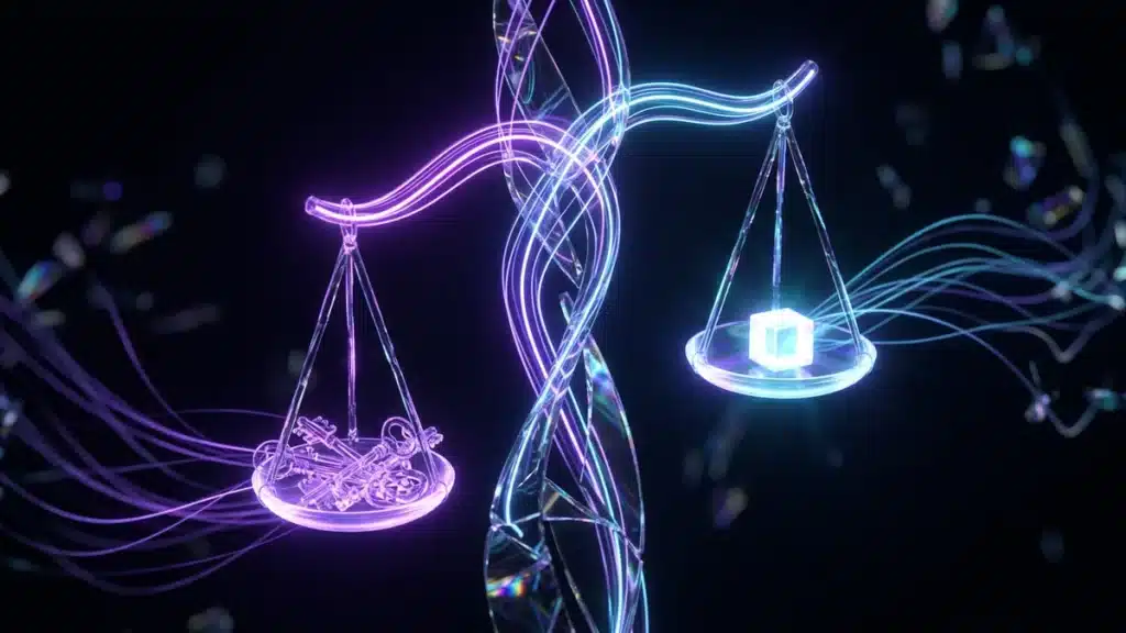 Glowing glass scales of justice, a cube on one side and small keys on the other