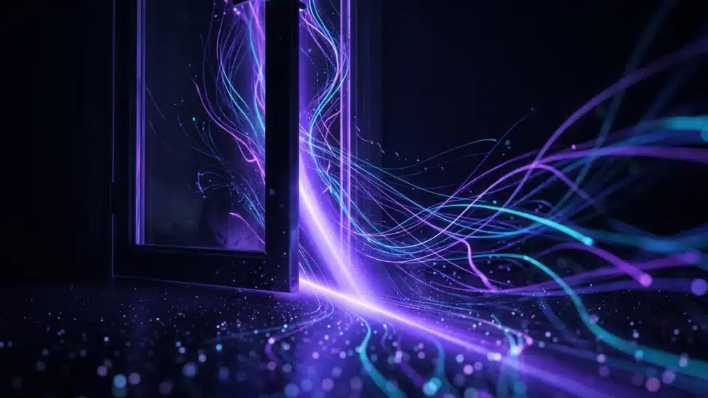 Une porte de verre entrouverte laissant filer un rayon de lumière