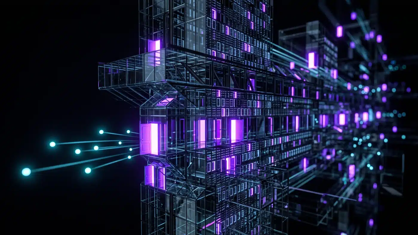 A glass building with many small doors, only some opening to glowing orbs