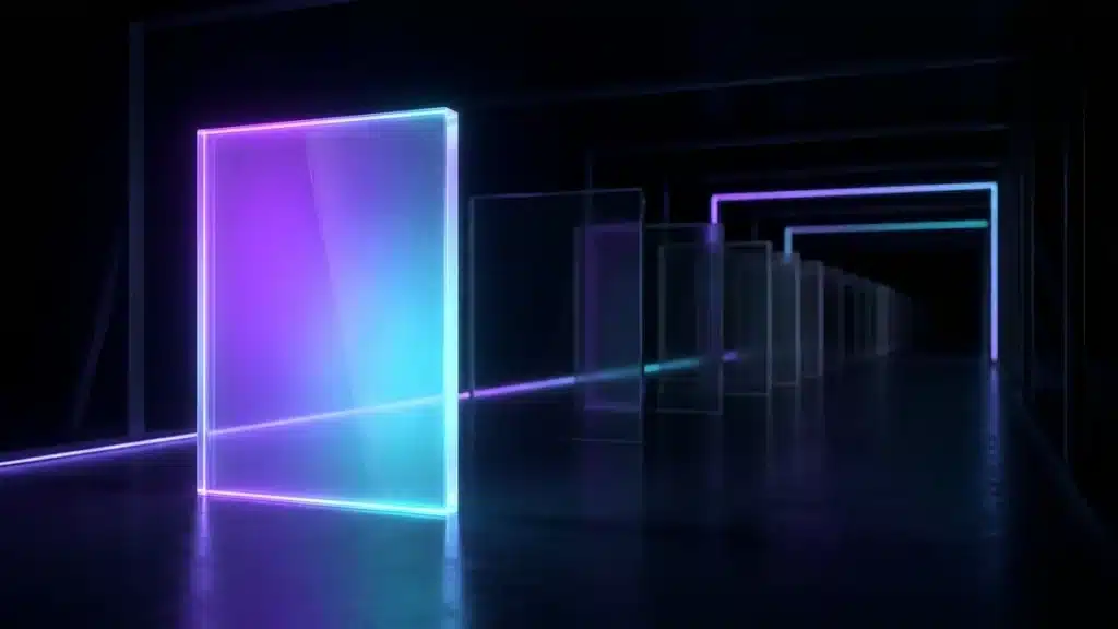 A large glass panel lit first at the front of a corridor of panels still in the dark