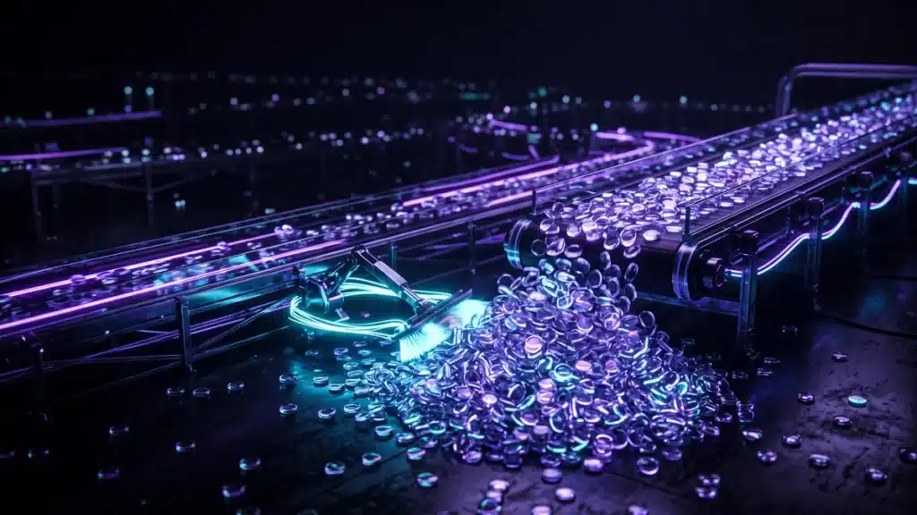 An endless conveyor of glass tokens piling up faster than they are cleared