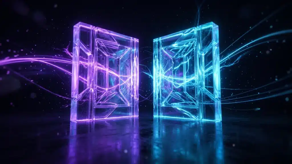 A glass gate with two identical panels, one violet and one cyan, perfectly balanced