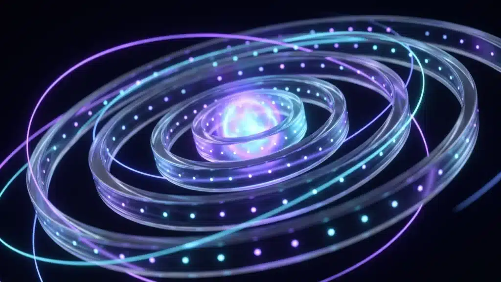 Four concentric glass rings turning at different speeds around a glowing core