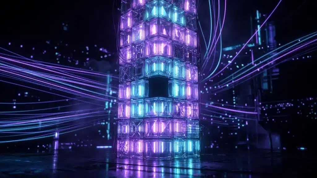 Une colonne de tuiles de verre lumineuses dont une seule reste vide et sombre