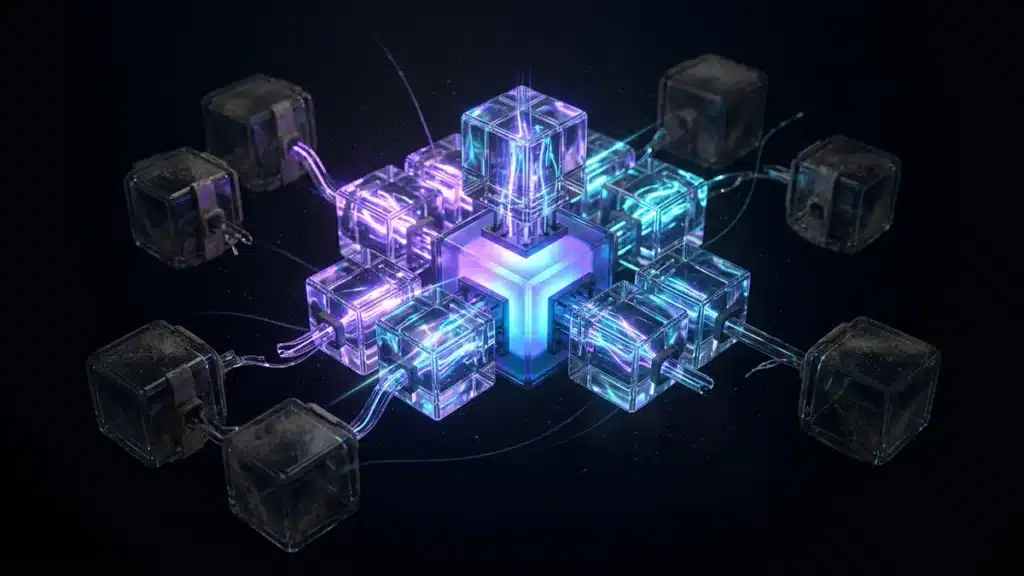 Glass modules plugged into a glowing core, a few of them dim and covered in dust