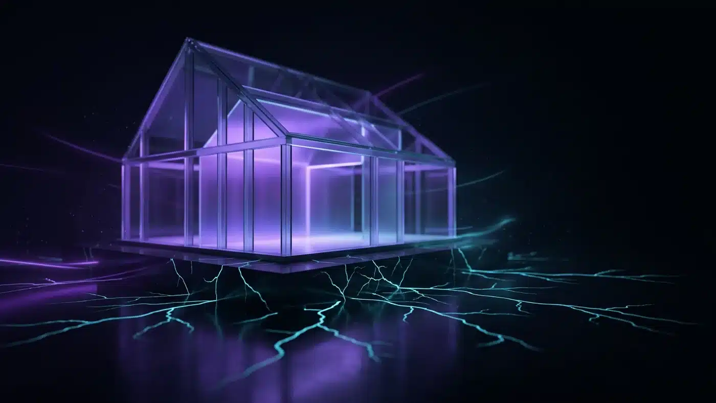 A lit glass house whose foundations are quietly cracking