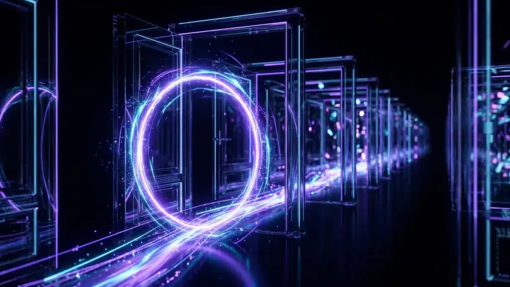 A ring of light opening a long corridor of identical glass doors