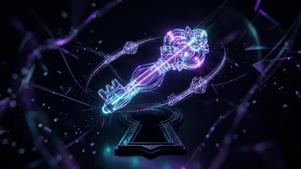 A glowing glass key above a dark keyhole, surrounded by smaller keys