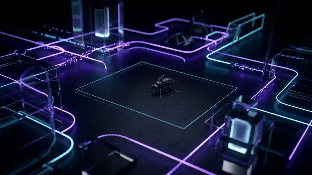 A nearly invisible glass trap door on a dark floor, with a small mechanical insect caught inside