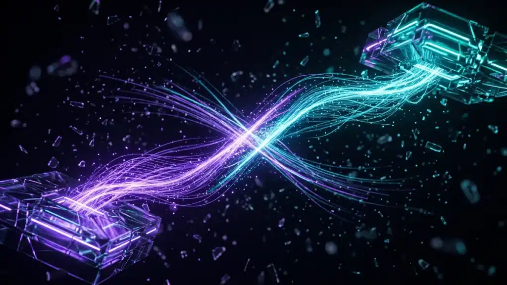 Deux flux lumineux qui se croisent en sens inverse entre deux plateformes de verre
