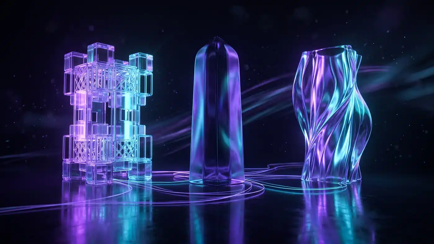 Three different glass structures side by side, linked by faint paths of light