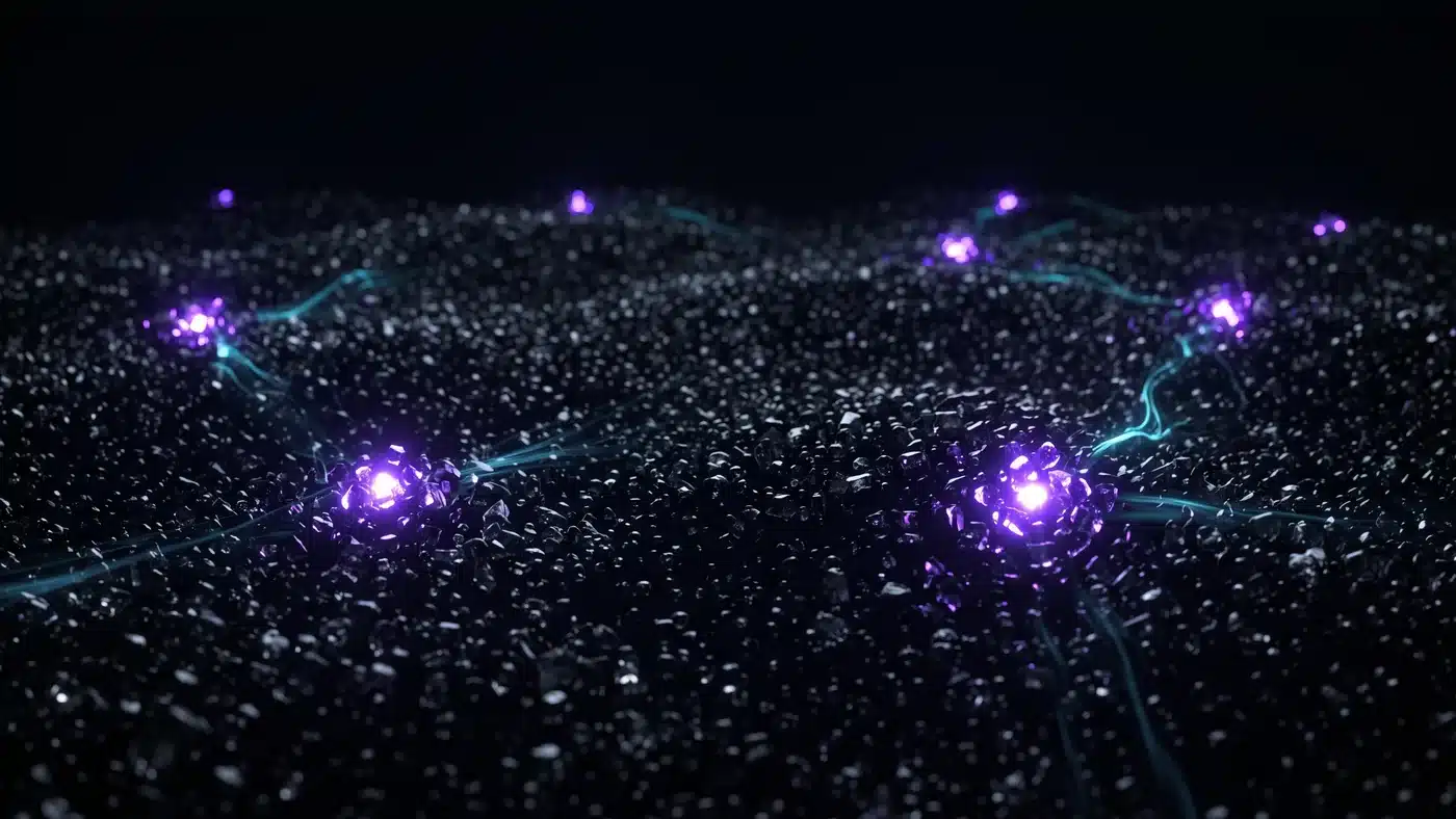 A field of dim glass particles with only a few glowing intensely