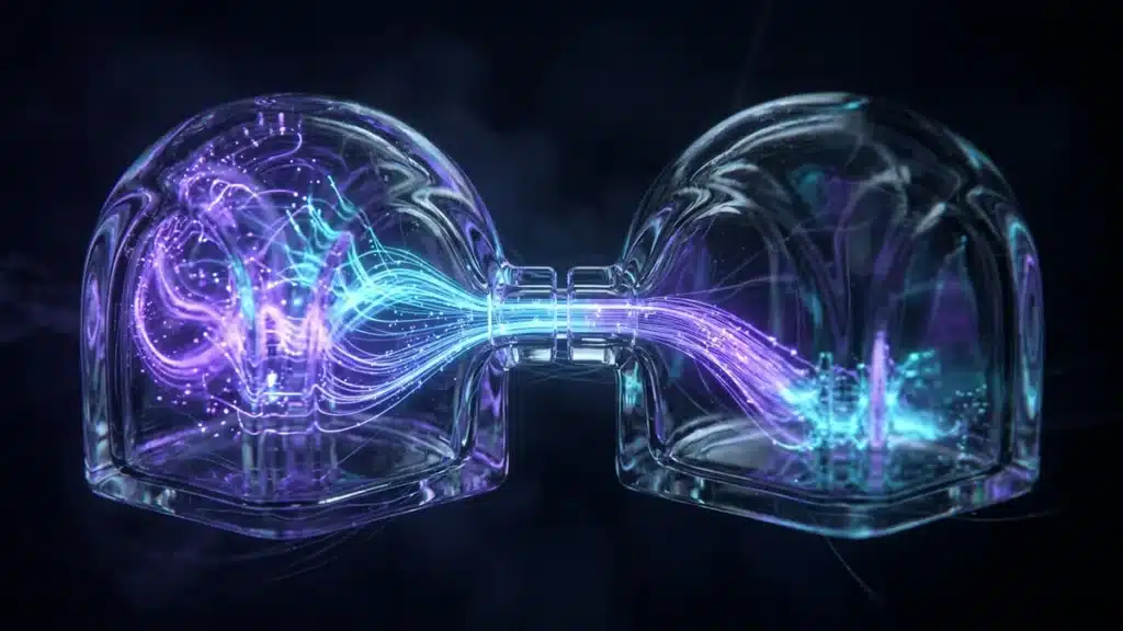 Two glass vaults linked by a glowing channel carrying a stream of particles