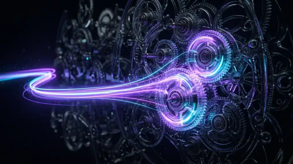 A glass clockwork with no hands, its gears turning only when a beam passes