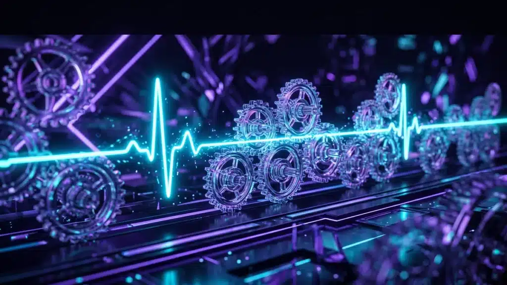 Une pulsation lumineuse régulière qui entraîne une rangée d'engrenages de verre