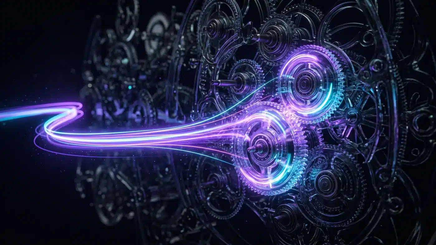 A glass clockwork with no hands, its gears turning only when a beam passes